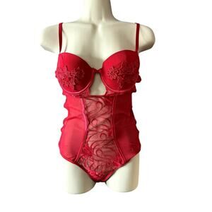 Rachel Red Floral Lace Bodysuit Lingerie Teddy Cutout‎ Sexy Medium